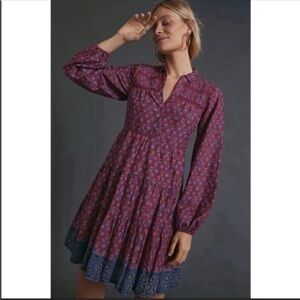 Anthropologie Dhyana Floral Tunic Dress Purple Petite SP Long Sleeve Boho NWT